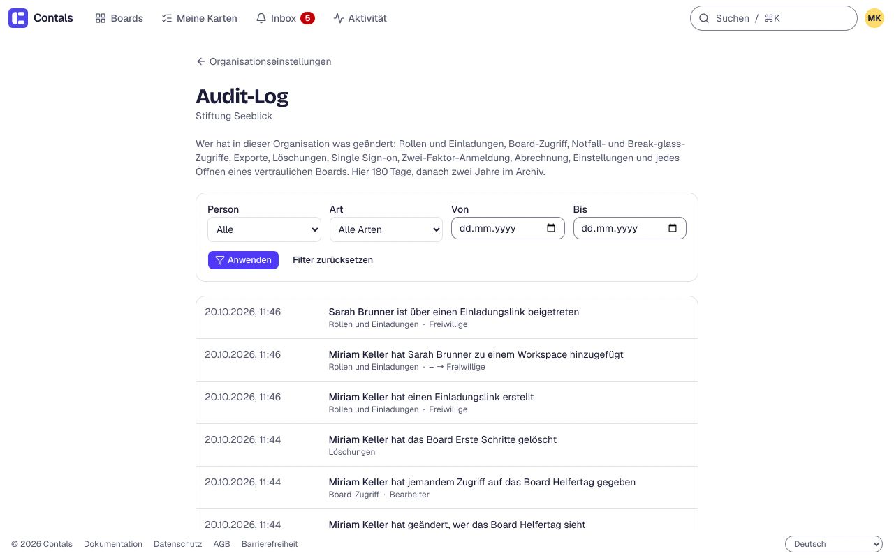 Das Audit-Protokoll einer Organisation: wer wann Rollen, Board-Zugriffe und Einstellungen geändert hat, mit Filtern nach Person, Art und Datum.