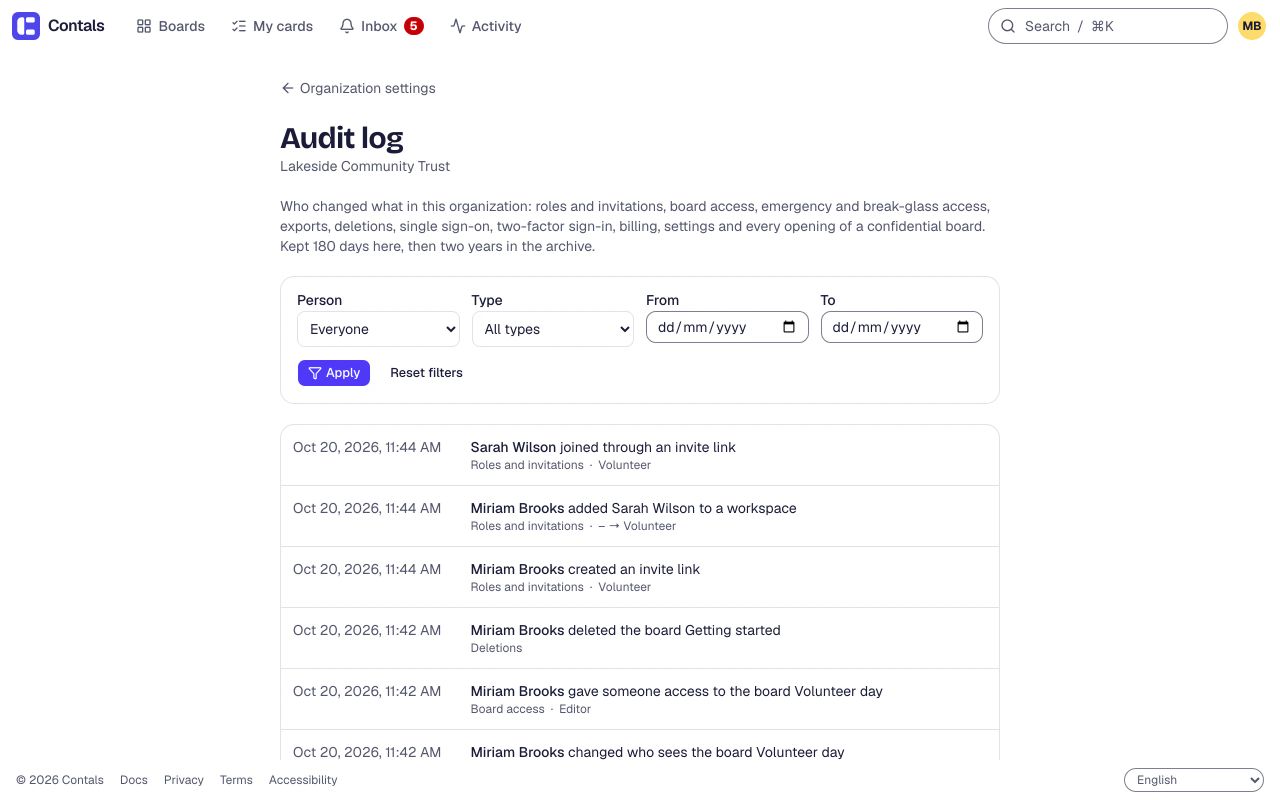 The audit log of an organization: who changed roles, board access and settings, and when, with filters by person, type and date.