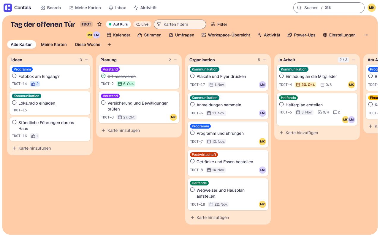 Ein Contals-Board für einen Tag der offenen Tür: Listen für Ideen, Planung, Organisation und die laufende Arbeit, mit Karten, die Labels, Fälligkeiten, Checklisten, Kommentare, Stimmen und die zuständigen Personen zeigen; die laufende Arbeit hat ein Limit von drei Karten.