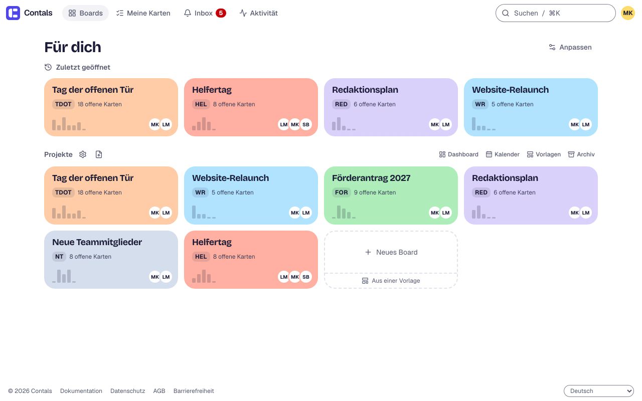Die Startseite mit einem Board pro Projekt, jedes als Kachel in seiner Farbe mit den offenen Karten, einem Balken pro Liste und den Leuten, die daran arbeiten: Tag der offenen Tür, Website-Relaunch, Förderantrag, Redaktionsplan, neue Teammitglieder und Helfertag – die zuletzt geöffneten zuerst.