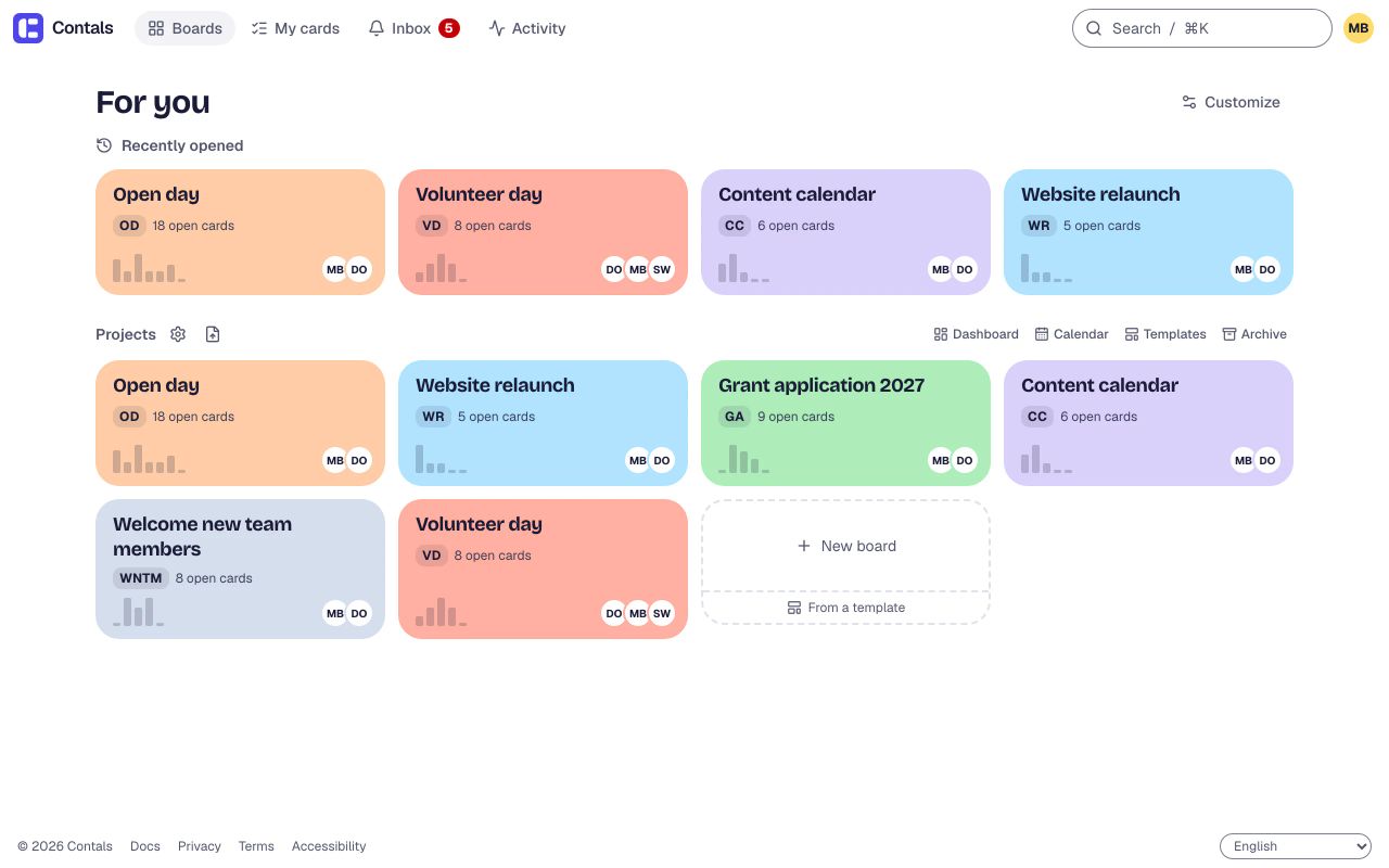 The home page with one board per project, each a tile in its own colour with its open cards, a bar per list and the people working on it: open day, website relaunch, grant application, content calendar, welcome new team members and volunteer day – the recently opened ones first.