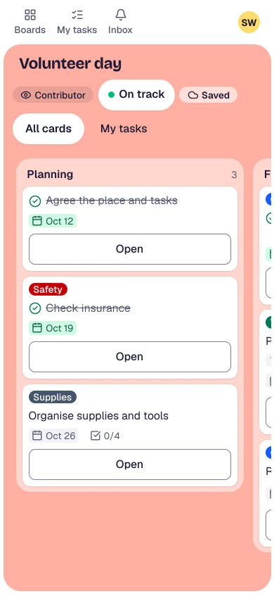 A volunteer’s phone in the simple view: large cards with an “Open” button each, plain words and few controls.