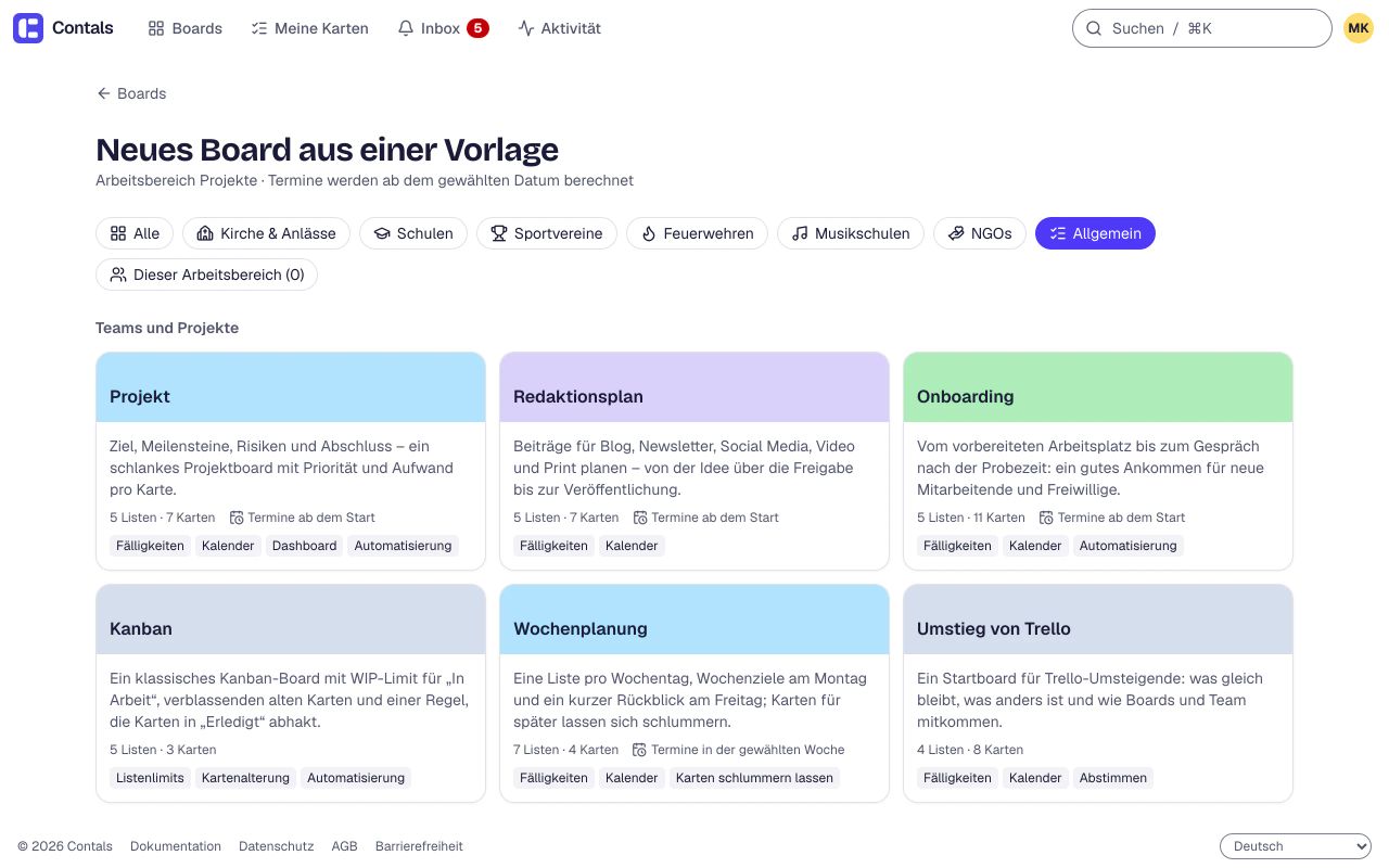Die Vorlagengalerie mit einem Filter für jede Art von Team, hier die Vorlagen für Teams und Projekte: Projekt, Redaktionsplan, Onboarding, Kanban, Wochenplanung und Umstieg von Trello, jeweils mit Listen, Karten und vorgeschlagenen Power-Ups.