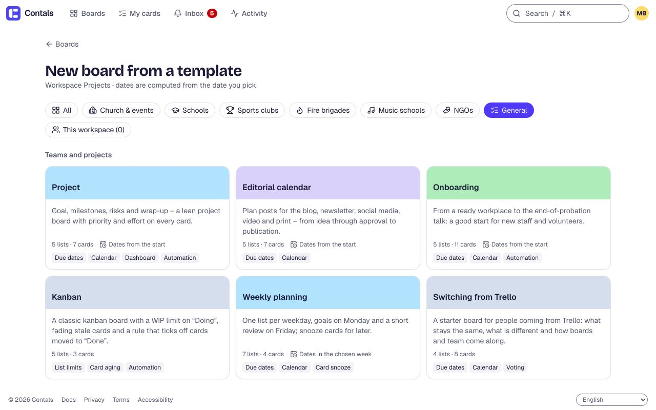 The template gallery with a filter for each kind of team, here the templates for teams and projects: project, editorial calendar, onboarding, kanban, weekly planning and switching from Trello, each with its lists, cards and suggested Power-Ups.